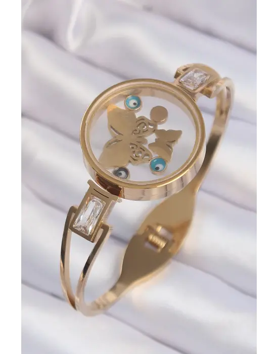 316L Çelik Altın Renk İçi Kelebek ve Nazar Boncuk Figürlü Açılabilir Fanus Kelepçe