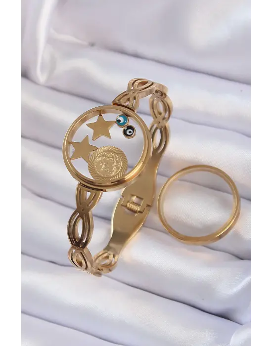 316L Çelik Altın Renk İçi Nazar Boncuk ve Yıldız Figürlü Açılabilir Fanus Kelepçe