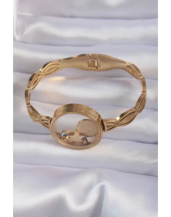 316L Çelik Altın Renk İçi Nazar Boncuk ve Yıldız Figürlü Açılabilir Fanus Kelepçe