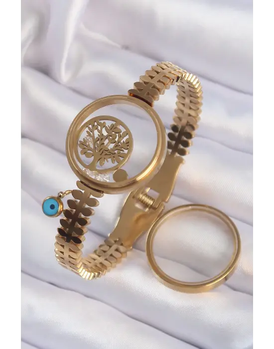 316L Çelik Altın Renk İçi Taşlı ve Yaşam Ağacı Figürlü Açılabilir Fanus Kelepçe