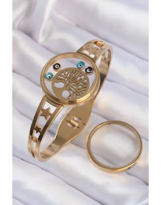 316L Çelik Altın Renk İçi Yaşam Ağacı ve Nazar Boncuk Figürlü Açılabilir Fanus Kelepçe