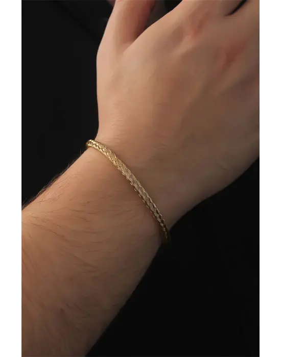 316L Çelik Altın Renk İnce Yassı Örgü Model Erkek Bileklik