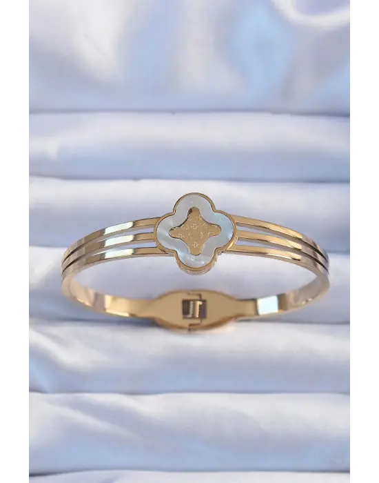 316L Çelik Altın Renk İşlemeli Sedefli Yonca Kelepçe