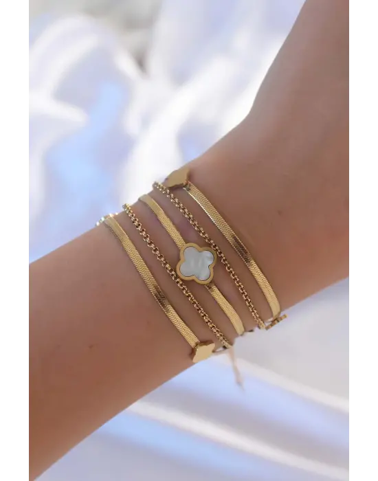 316L Çelik Altın Renk İtalyan Zincirli Çoklu Yonca Bileklik