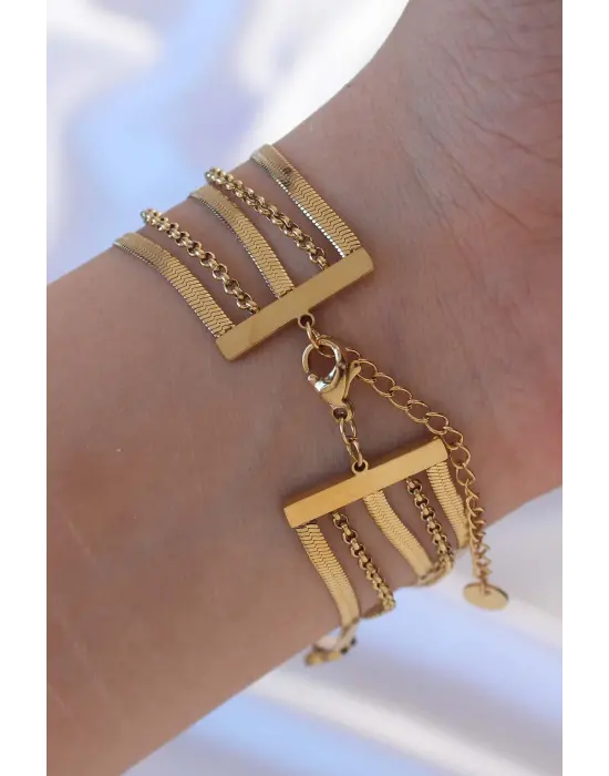 316L Çelik Altın Renk İtalyan Zincirli Çoklu Yonca Bileklik