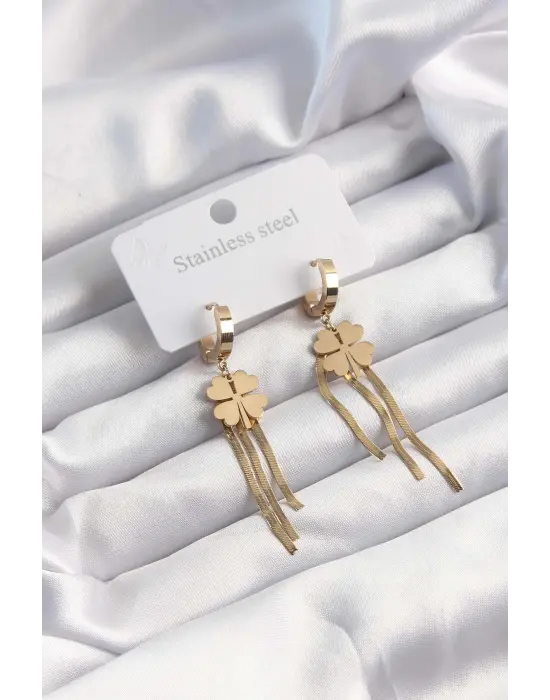   Altın Renk İtalyan Zincirli Yonca Model Halka Küpe