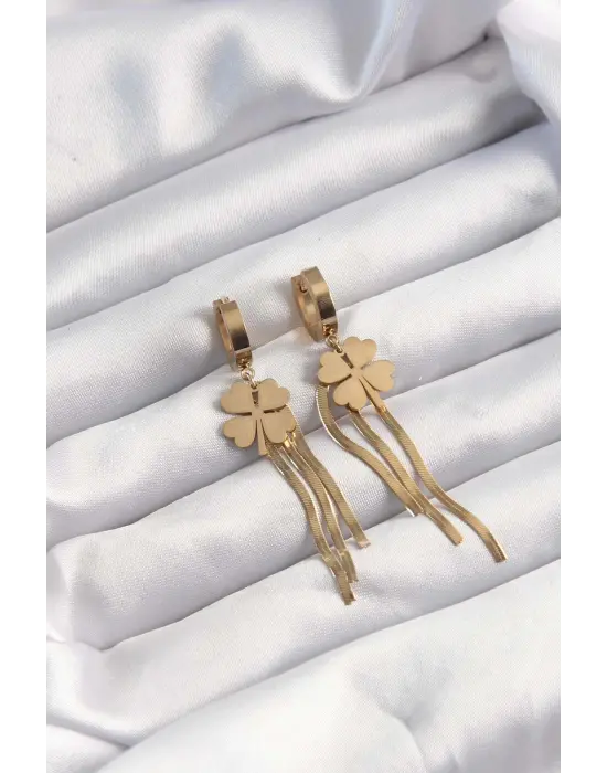   Altın Renk İtalyan Zincirli Yonca Model Halka Küpe