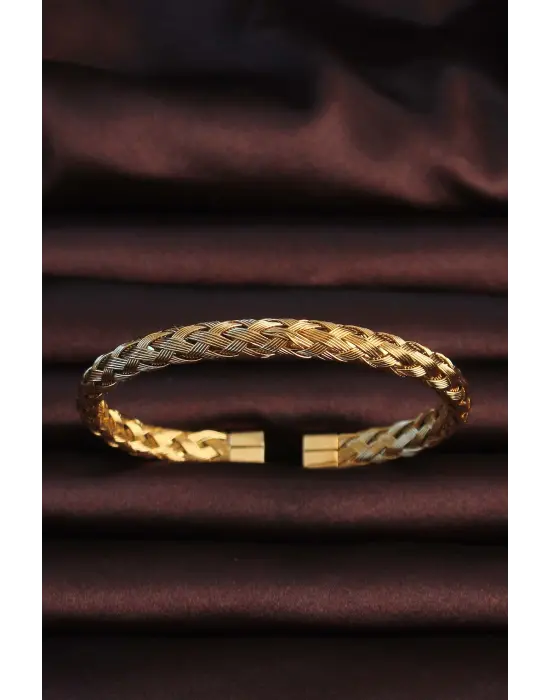 316L Çelik Altın Renk Kalın Yassı Örgü Model Erkek Bileklik