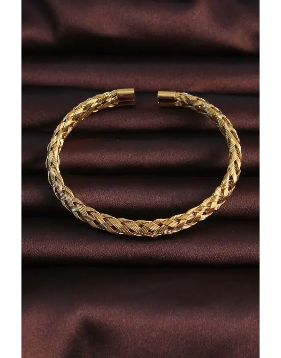 316L Çelik Altın Renk Kalın Yassı Örgü Model Erkek Bileklik
