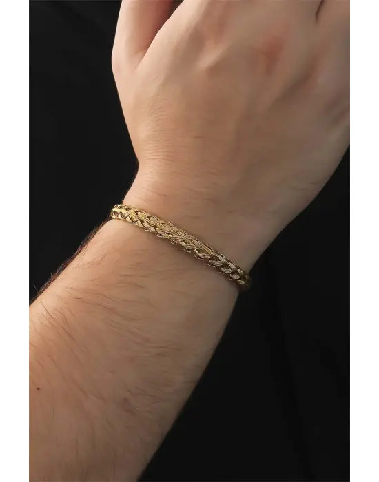 316L Çelik Altın Renk Kalın Yassı Örgü Model Erkek Bileklik