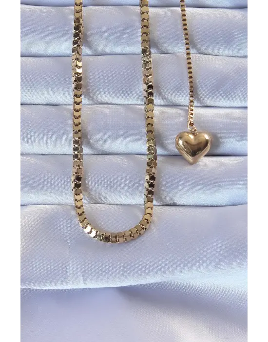  Altın  Küp Zincirli Kalpli Çelik Kolye