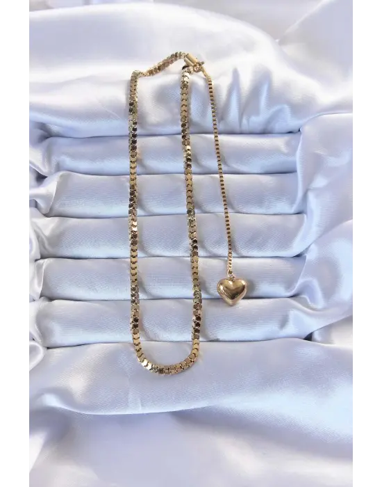  Altın  Küp Zincirli Kalpli Çelik Kolye