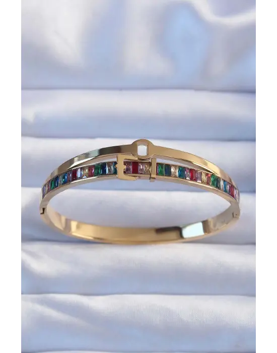 316L Çelik Altın Renk Renkli Zirkon Taşlı Kemer Tasarımlı Kelepçe