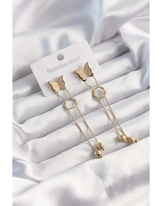   Altın Renk Sallantılı Düğüm Model Kelebek Küpe