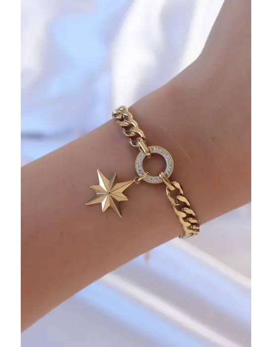 316L Çelik Altın Renk Samanyolu Zincirli Zirkon Taşlı Kutup Yıldızı Bileklik