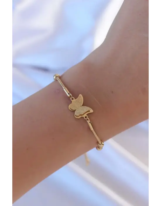 316L Çelik Altın Renk Top Zincirli Kelebek Bileklik