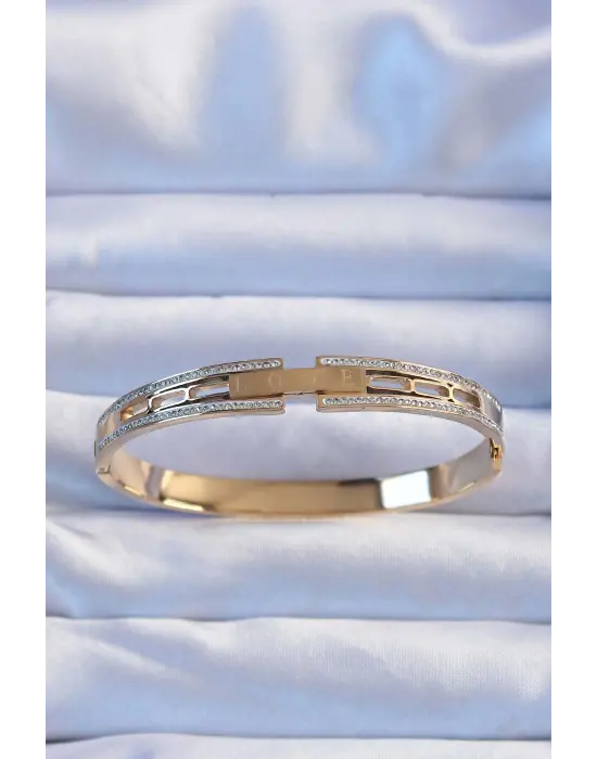 316L Çelik Altın Renk Zirkon Taş Kaplama LOVE Kelepçe