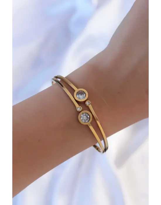 316L Çelik Altın Renk Zirkon Taşlı Cartier Model Kelepçe