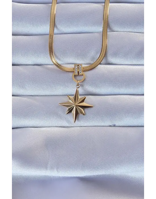  Altın  Zirkon Taşlı İtalyan Zincirli Kutup Yıldızı Çelik Kolye