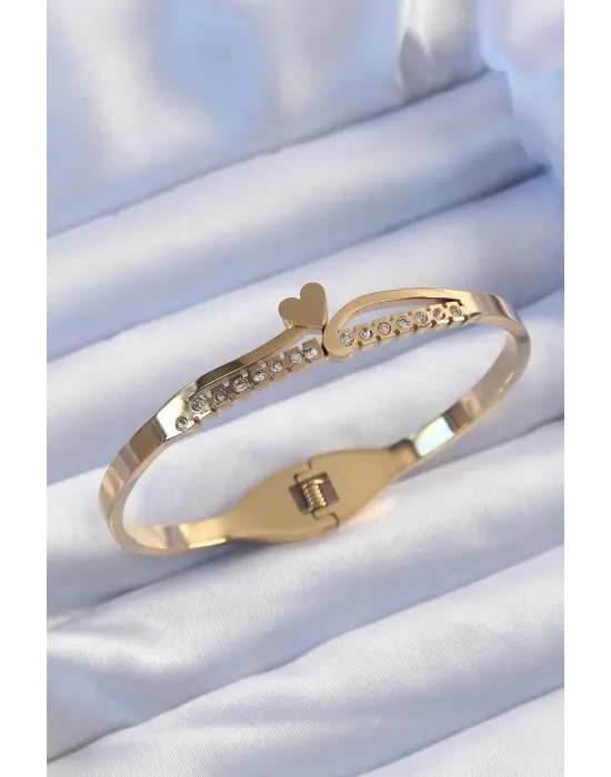 316L Çelik Altın Renk Zirkon Taşlı Kalp Model Kelepçe
