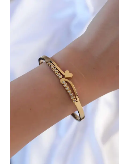 316L Çelik Altın Renk Zirkon Taşlı Kalp Model Kelepçe