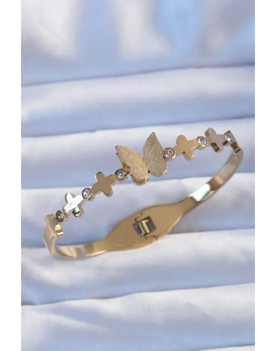 316L Çelik Altın Renk Zirkon Taşlı Kelebek Kelepçe