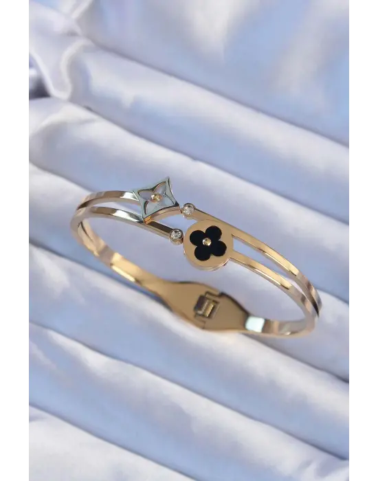 316L Çelik Altın Renk Zirkon Taşlı Mineli Yonca Kelepçe