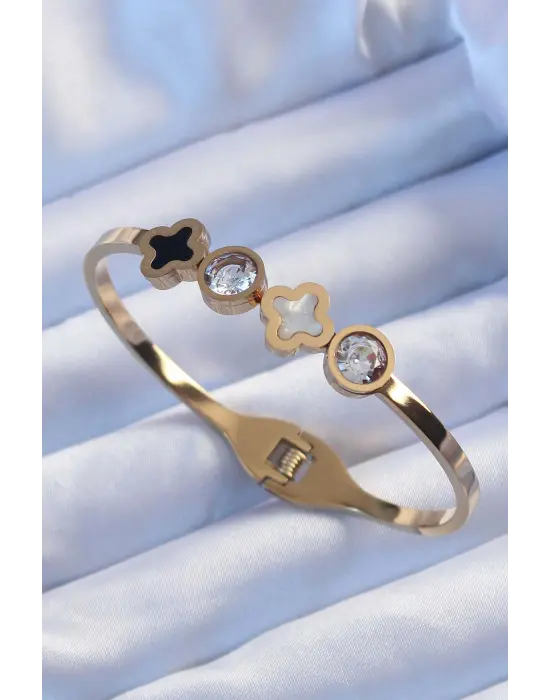 316L Çelik Altın Renk Zirkon Taşlı Mineli Yonca Kelepçe