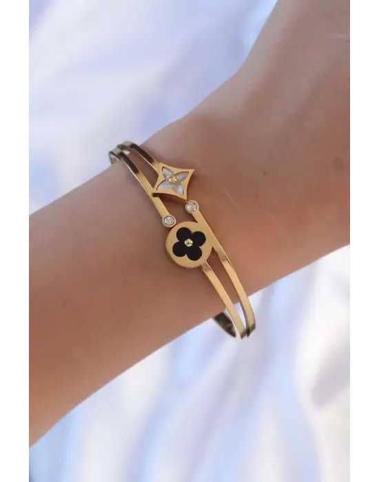 316L Çelik Altın Renk Zirkon Taşlı Mineli Yonca Kelepçe