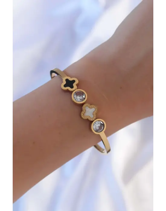 316L Çelik Altın Renk Zirkon Taşlı Mineli Yonca Kelepçe