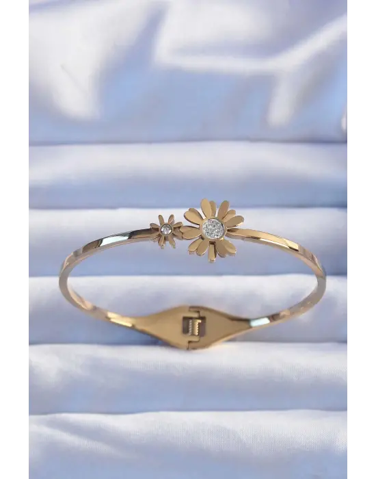 316L Çelik Altın Renk Zirkon Taşlı Papatya Kelepçe