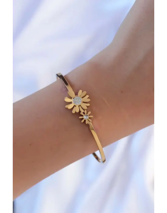 316L Çelik Altın Renk Zirkon Taşlı Papatya Kelepçe