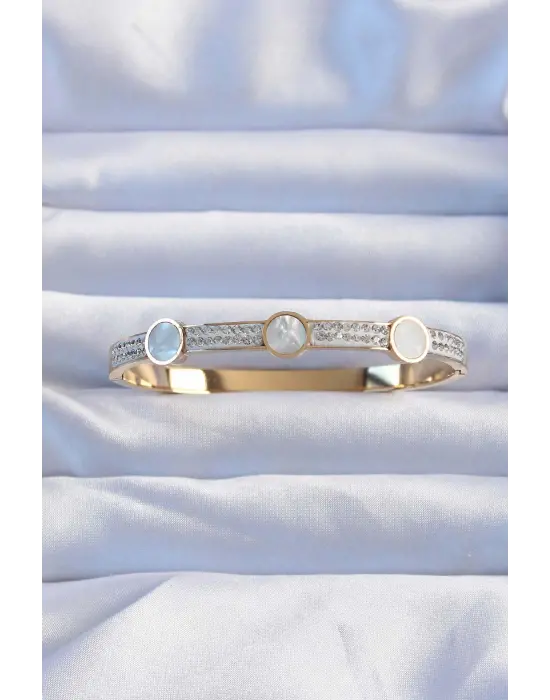 316L Çelik Altın Renk Zirkon Taşlı Sedefli Kelepçe