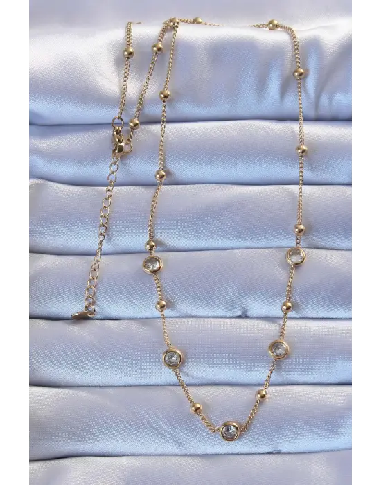  Altın  Zirkon Taşlı Top Zincirli Çelik Kolye