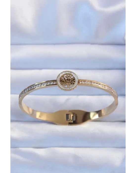 316L Çelik Altın Renk Zirkon Taşlı Yaşam Ağacı Kelepçe