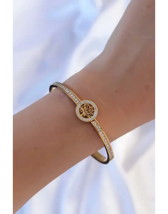 316L Çelik Altın Renk Zirkon Taşlı Yaşam Ağacı Kelepçe