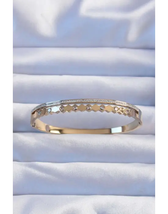 316L Çelik Altın Renk Zirkon Taşlı Zikzak 2li Görünüm Kelepçe