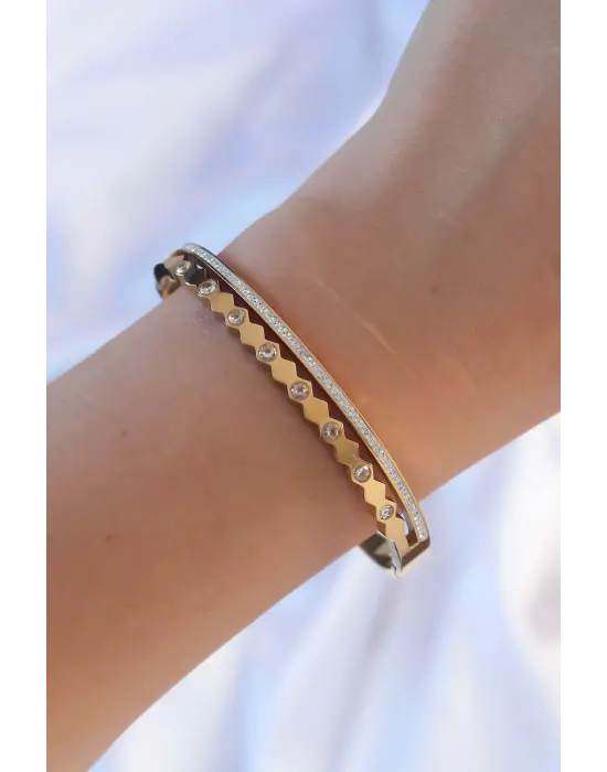 316L Çelik Altın Renk Zirkon Taşlı Zikzak 2li Görünüm Kelepçe