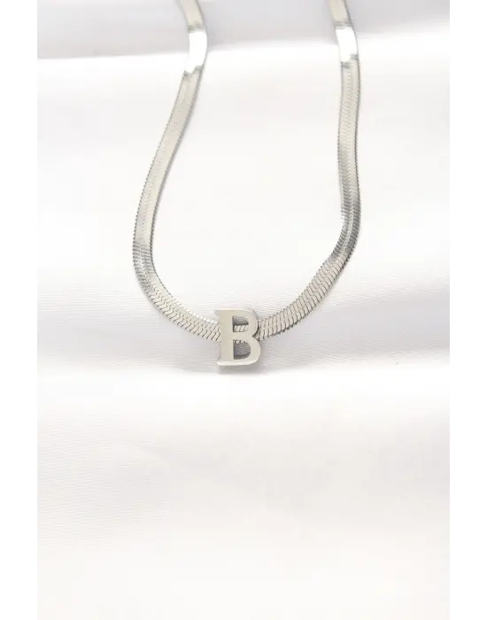  B Harfli Silver  İtalyan Zincirli Çelik Kolye