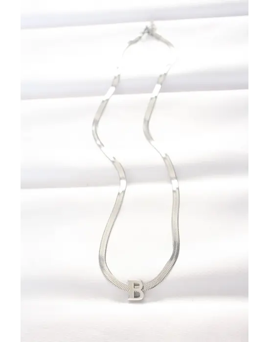  B Harfli Silver  İtalyan Zincirli Çelik Kolye