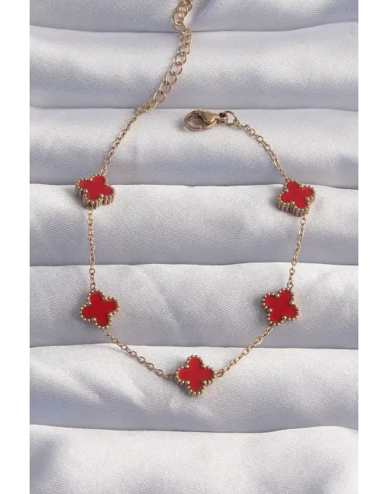 316L Çelik Baby Boy Gold Renk Kırmızı Mineli Yonca Bileklik