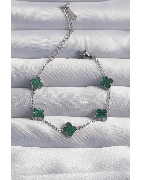 316L Çelik Baby Boy Gümüş Renk Çizgili Yeşil Mineli Yonca Bileklik