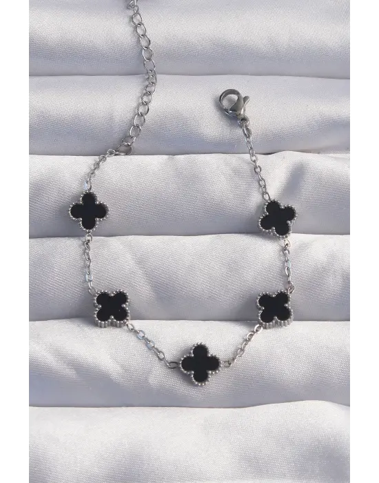 316L Çelik Baby Boy Gümüş Renk Siyah Mineli Yonca Bileklik