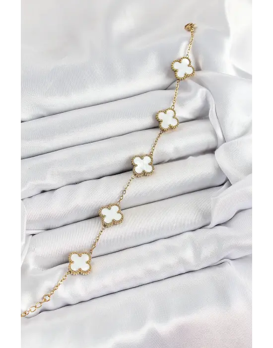 316L Çelik Beyaz Sedef Yonca Model Gold Renk Kadın Bileklik