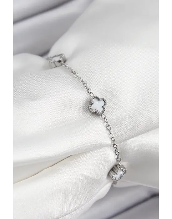 316L Çelik Beyaz Sedef Yonca Model Gümüş Renk Kadın Bileklik