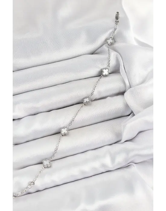 316L Çelik Beyaz Sedef Yonca Model Gümüş Renk Kadın Bileklik