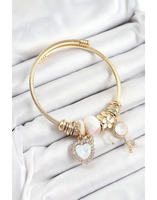 316L Çelik Beyaz Zirkon Taşlı Anahtar Ve Kalp Model Gold Renk Charm Bileklik
