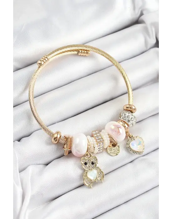 316L Çelik Beyaz Zirkon Taşlı Ayıcık Ve Kalp Model Gold Renk Charm Bileklik