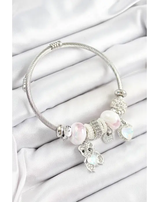 316L Çelik Beyaz Zirkon Taşlı Ayıcık Ve Kalp Model Gümüş Renk Charm Bileklik