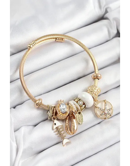 316L Çelik Beyaz Zirkon Taşlı Balık Deniz Kabuğu Ve Deniz Yıldızı Model Gold Renk Charm Bileklik